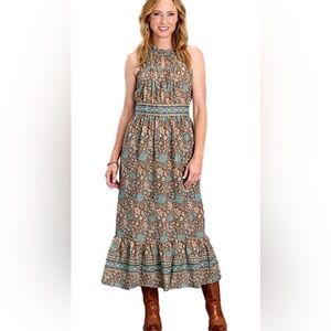 NWT Stetson Blue and Brown Floral Maxi Dress- large